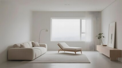 Modern minimalist living room with neutral tones and natural light
