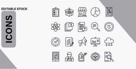 Collection of Business and Technology Icons in Line Art Style on White Background vector illustration