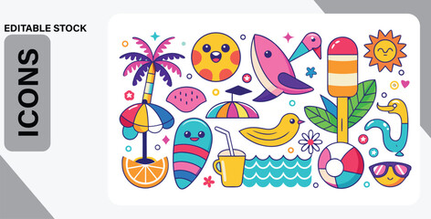 Fototapeta premium Collection of Cute Summer Icons with Beach and Tropical Elements vacation