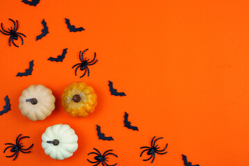 bright orange background for Halloween with pumpkins, spiders and space for text