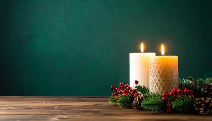 Two candles on a wooden table with a Christmas wreath