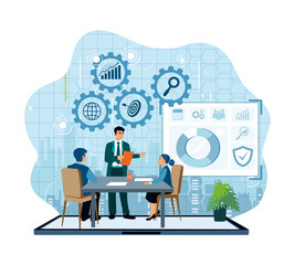 Business meeting with data analysis and teamwork collaboration.