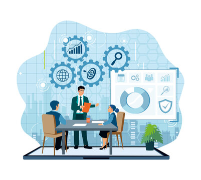 Business meeting with data analysis and teamwork collaboration.