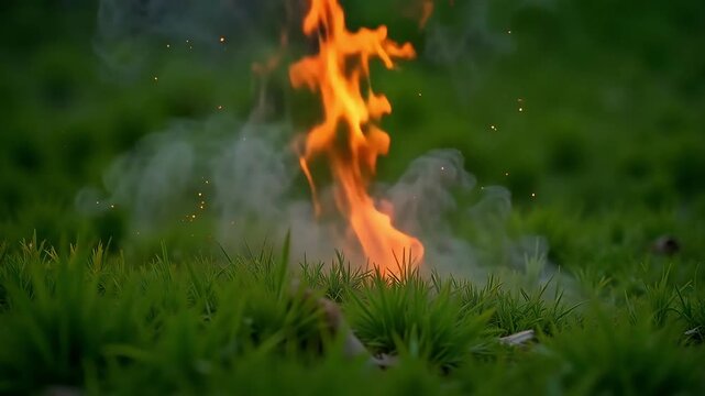 Dynamic flame thrower spewing fire across lush green grass, creating a mesmerizing visual effect