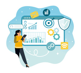 Businesswoman analyzing data with digital graphics and chart.