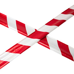 Two intersecting red and white striped barrier tapes on a transparent background. The tapes are isolated and emphasize caution or restriction.