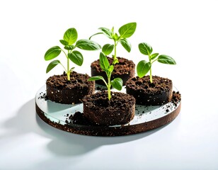 Four small plants sprout from dark soil, nestled in individual circular mounds on a circular, reflective tray against a white backdrop