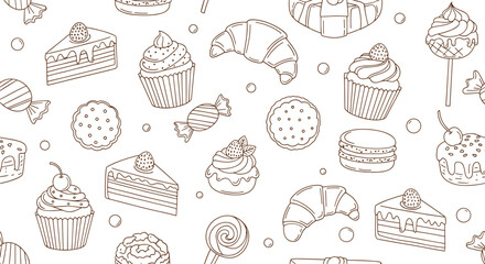 Seamless pattern of delicious baked goods and sweet pastries vector illustration for food related designs