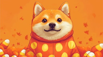 halloween dog costume studio in kawaii illustration style featuring shiba inu in candy corn suit
