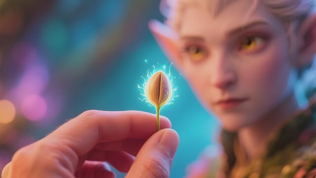 A mystical elf with glowing eyes observes a hand holding a luminous seedling against a vibrant, enchanted background.