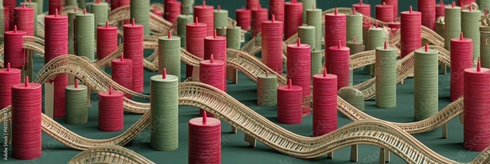 Poster colorful spools and winding paths create an artistic display with red, green, and neutral tones in a