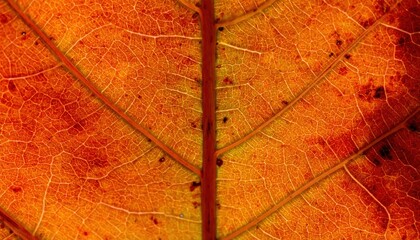 Close-Up of an Autumn Leaf Showing Intricate Veins and Vibrant Orange Coloration