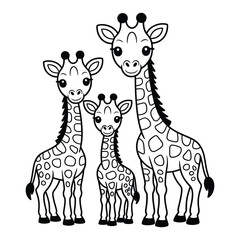 Fototapeta premium Giraffe family Coloring Page, Vector, Illustration, Icon, Outline, Line Art, Silhouette, Logo, White Background.