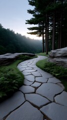 Serene Stone Path in Misty Forest Sunset