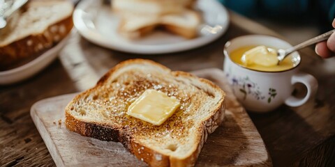 A warm and inviting breakfast scene where someone spreads butter on golden toasted bread