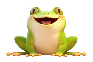 Fototapeta premium A green tree frog with a cheerful and smiling expression sits on a flat surface, showcasing a cute and friendly appearance.