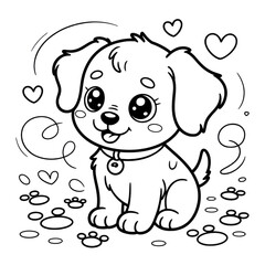 Fototapeta premium Adorable Cartoon Puppy with Hearts and Paw Prints - Line Art Illustration