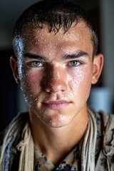 Obraz premium Close-up portrait of a cadet with a sweat-drenched face