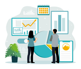 Team meeting analyzing business data and financial statistics.