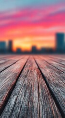 Sunset Over Wooden Deck with City Skyline in Background
