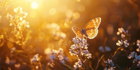 A warm golden hour scene as a butterfly perches on a delicate blossom, bathed in soft light