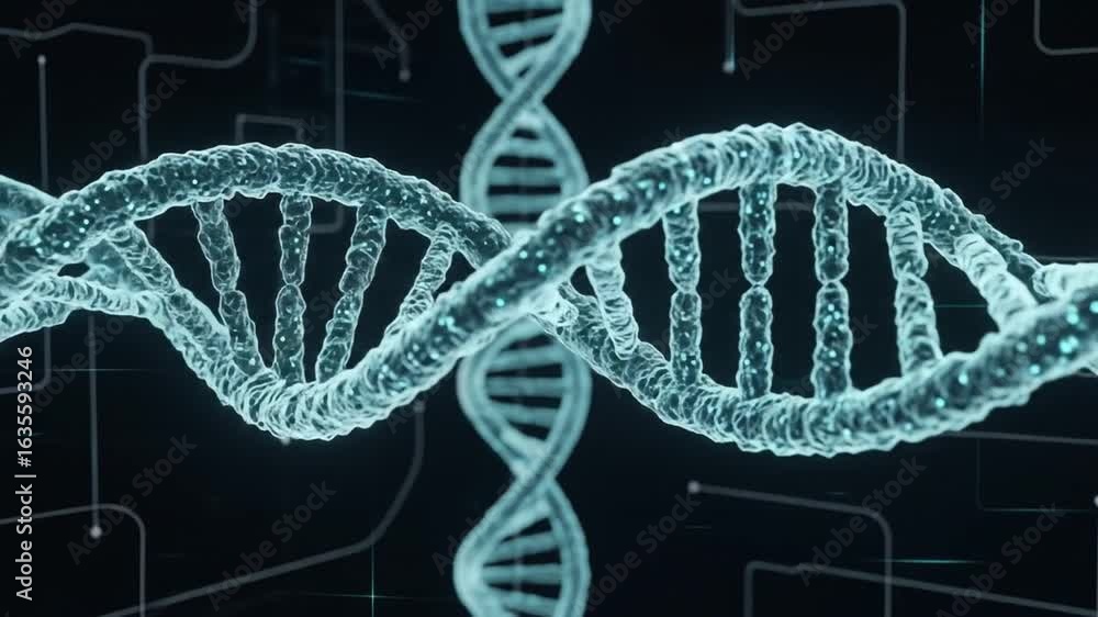 Poster blue illuminated dna double helix structure visualization on a dark background with tech circuitry f
