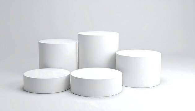 Four white cylindrical platforms of varying sizes arranged on a light grey background