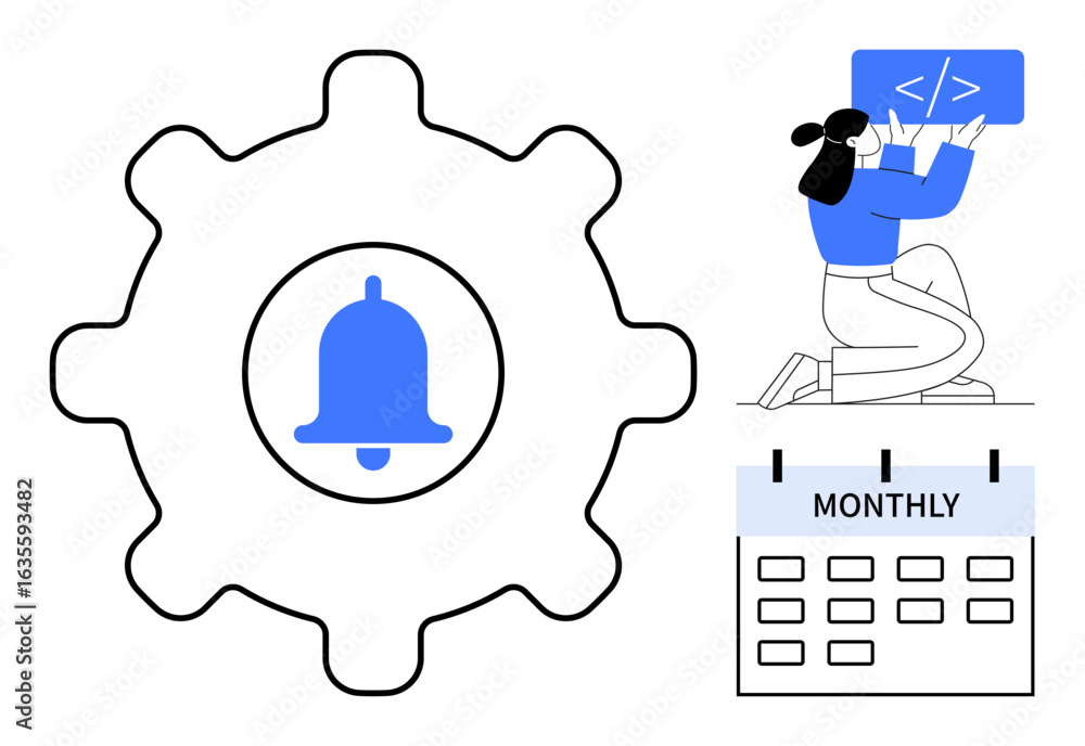 Poster gear with notification bell, woman writing code, monthly calendar. ideal for task setup, productivit