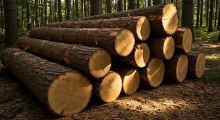 Pile of Log in Forest with Sunlight on Bark