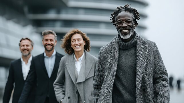 Group of professionals walking and discussing business outside an office