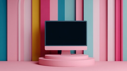 Modern Computer Display on Colorful Geometric Pedestal Background