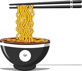 Logo template.character.Bowl noodles and chopsticks sketch.illustration Noodle, ramen, spagehetti, pasta handdrawn vector.