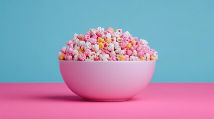 Colorful Popcorn in Pink Bowl on Vibrant Background