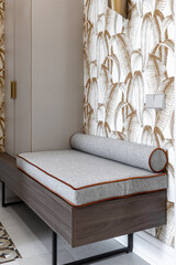 Modern Entryway Bench with Cushion and Patterned Wallpaper