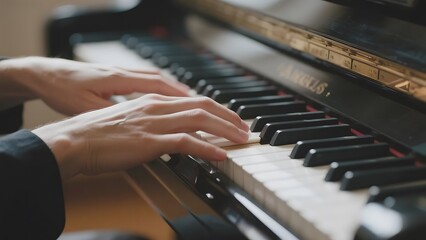 Fototapeta premium Close-up of hands playing a piano with focus on the keys and fingers