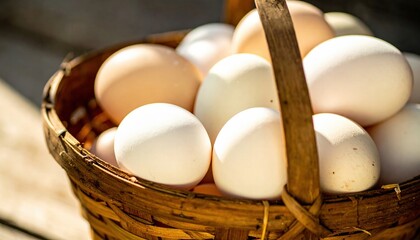 Fresh Organic Eggs in a Rustic Wooden Basket Under Sunlight on a Natural Surface