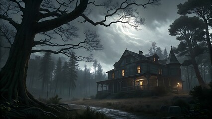 scary house in mysterious horror forest at night
