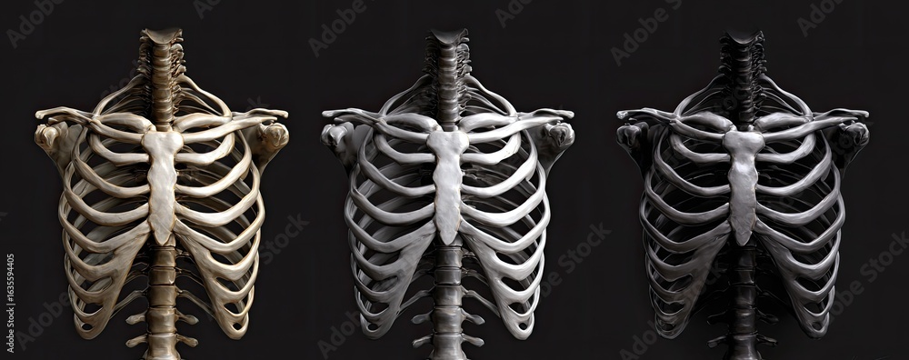 Poster skeleton ribcage realistic concept. skeleton structure displayed from multiple angles on a dark back