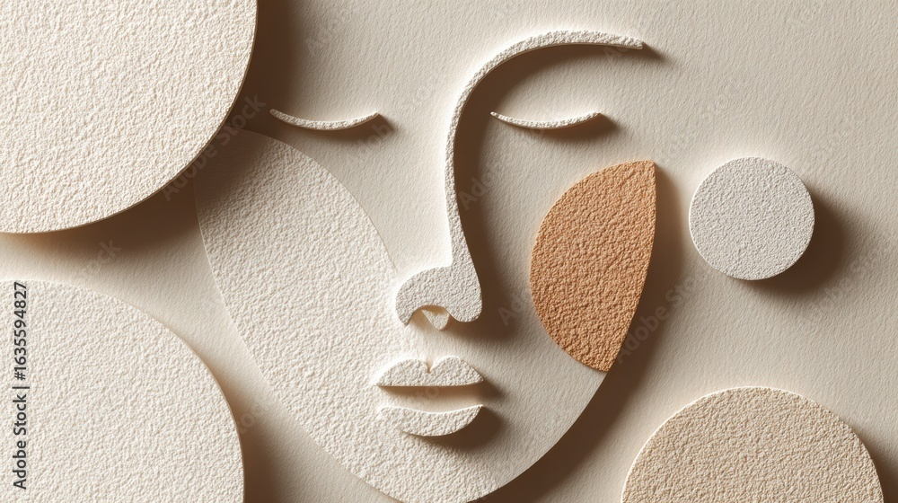 Aufkleber stylized face illustration blending with minimal skincare elements in soft tones for a calming visua