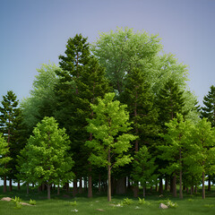 Obraz premium Realistic Photo of a Lush Green Forest with Tall Trees under Clear Blue Sky