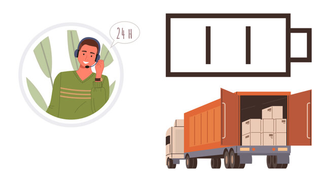 Customer service agent with headset, low battery icon, and truck delivering packed goods. Ideal for delivery service, customer support, logistics, supply chain, efficiency, transportation simple