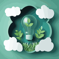 Paper cut of green ecology and environment conservation concept with seedling in light bulb and cloud bubble speech.Vector illustration