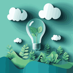 Paper cut of green ecology and environment conservation concept with seedling in light bulb and cloud bubble speech.Vector illustration