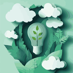 Paper cut of green ecology and environment conservation concept with seedling in light bulb and cloud bubble speech.Vector illustration