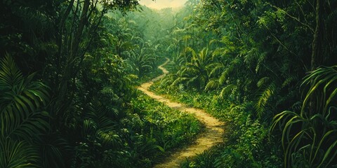  woods, environment, leaf, road, moss, water, plant, rainforest, outdoor, grass, foliage, spring, trail, winding dirt path cutting through a thick jungle, bathed in dappled light 