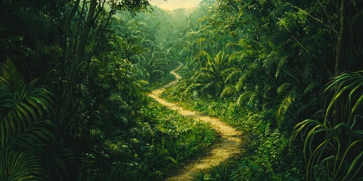  woods, environment, leaf, road, moss, water, plant, rainforest, outdoor, grass, foliage, spring, trail, winding dirt path cutting through a thick jungle, bathed in dappled light 