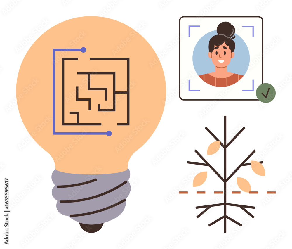 Poster maze in lightbulb symbolizes problem-solving, face recognition interface represents technology, and 