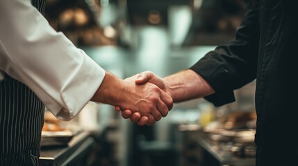 Two chefs shaking hands in a professional kitchen, showcasing collaboration and teamwork, with cooking equipment and a bustling environment in the background, emphasizing culinary partnership