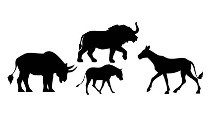 Fototapeta premium Silhouette depiction of a rhino, lion, wildebeest, and horse standing on a plain white background