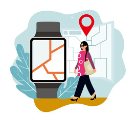 Woman checks his navigation route on his smartwatch.